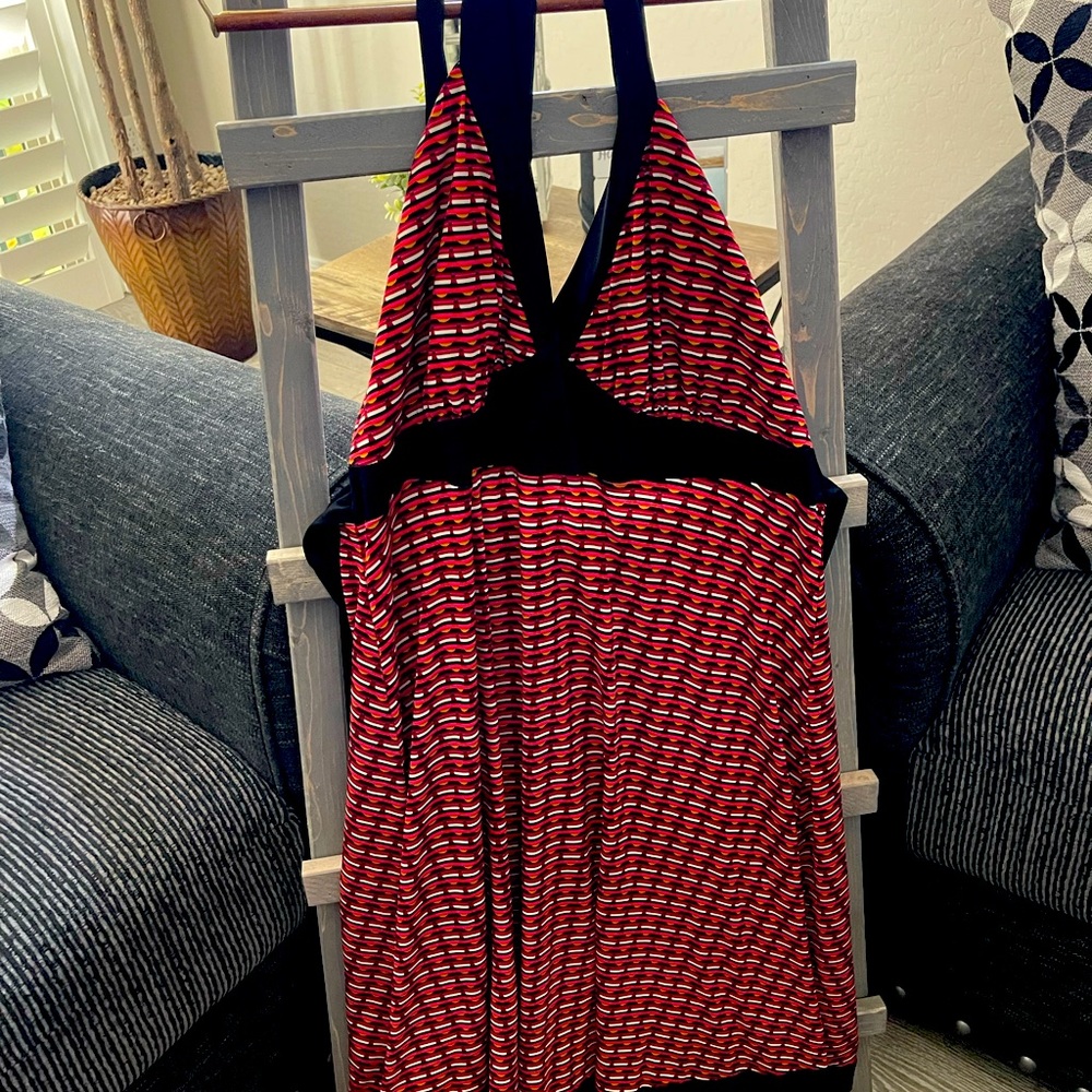 Red black and white halter top dress